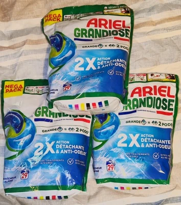 Lot 3 paquets Ariel Pods Grandiose Fraîcheur Alpine 29 Lavages (87 au total) - Photo 1/2