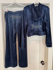 JUICY COUTURE Velour OG Bling Tracksuit Hoodie Pant Set Regal Blue Medium M