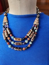 Vintage Tibetan necklace, Dzi beads, agate, gemstones, artisan bib style