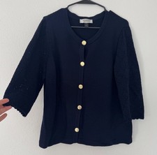 St. John Collection Navy Wool Blend Knit Cardigan Sweater Jacket Gold Button 12