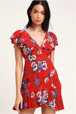 Band Of Gypsies Maldives Red Floral Print Ruffled Dress Medium