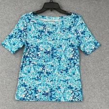 Croft & Barrow Top Women's S Blue Floral Beaded Short Sleeve Knit Tee T-Shirt