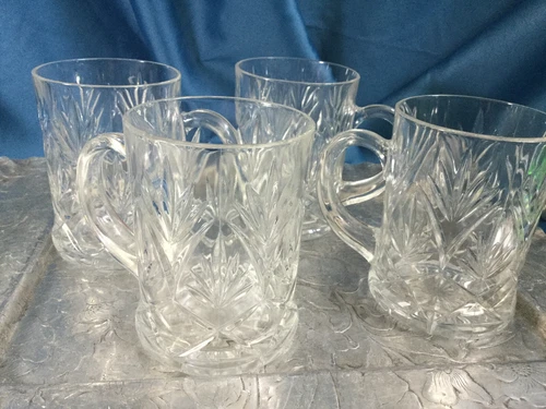 4 arcoroc Paul Sebastian Cut Crystal Mugs Criss Cross Fan Design 4 1/4" france