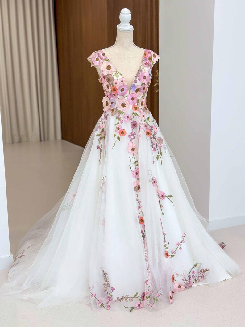 Pink Floral Wedding Dress Colorful Fairy Bridal Dress Fantasy Wedding A Line  | eBay