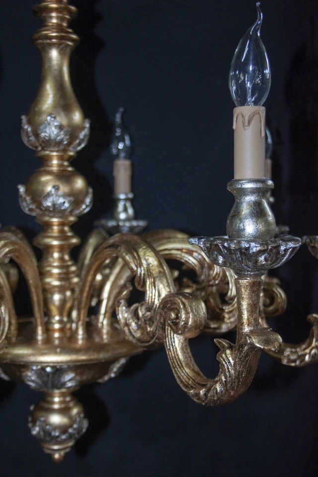 Lampadario legno artistico classico 8 luci FOGLIA ORO e ARGENTO MODELLO AGATA - Immagine 4 di 4