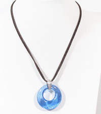 Beachy Coastal Blue Blown Glass Round Pendant Brown Cord necklace Choker 15 inch
