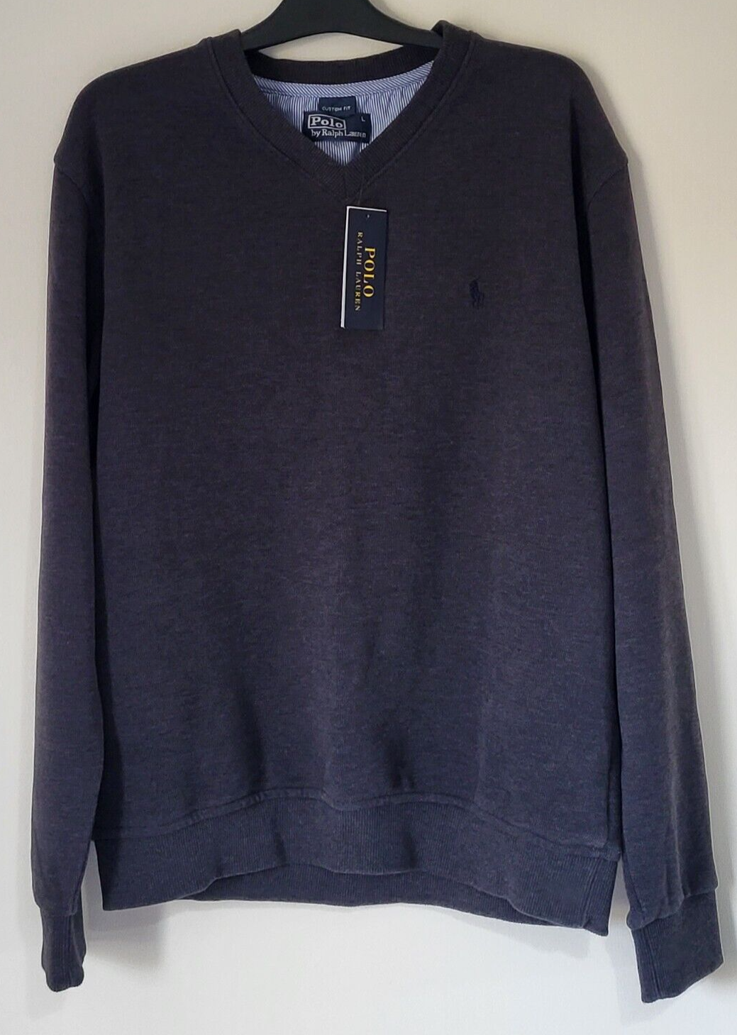 Polo Ralph Lauren Felpa Scollo V Maglione Pima Cotone Grigio Antracite Pony Nuova con etichette