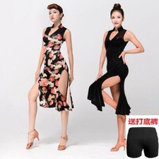 Latin Rumba Salsa Floral Velvet Dance Performance Dress Ballroom Qipao Cha Cha