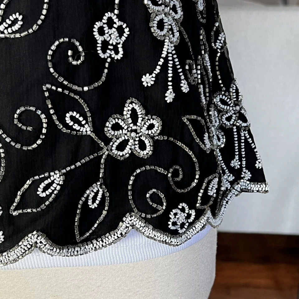 Top de noche grande Laurence Kazar New York de colección negro plateado blanco lentejuelas con cuentas Foto 4 de 4