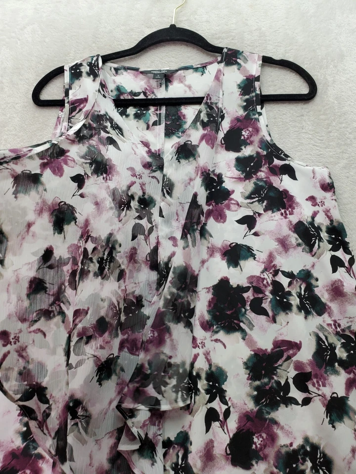 Simply Vera Vera Wang 背心上衣女式小号白色多花透明 V 领 — 第 3/4 张图片