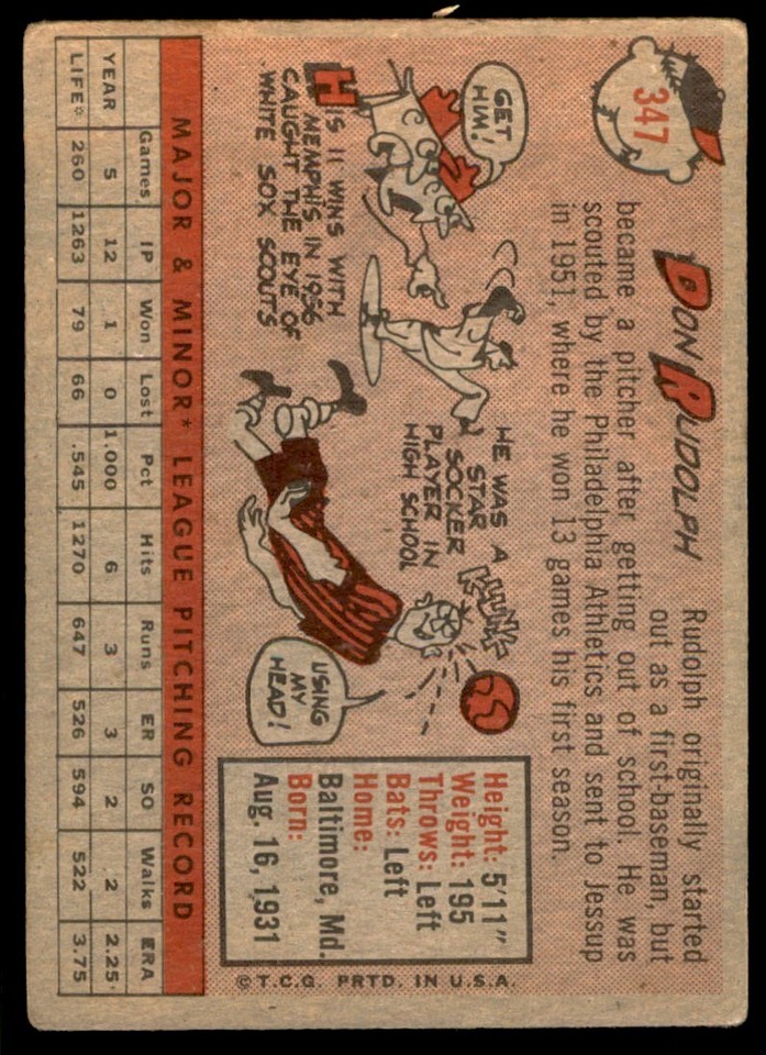 1958 Topps Baseball Cards Don Rudolph Rookie Chicago White Sox #347 | eBay