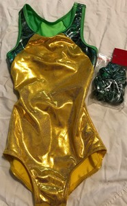 Capezio-Yellow-and-Green-Pride-Gymnastics-Leotard-w-Scrunchie-Child-Size-S-NWT