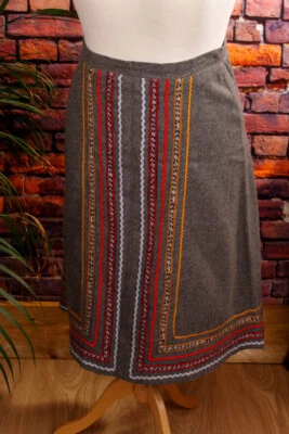 Vintage orig 70er Wolle Rock Borte Stiefelrock Wollmix grau bunt Boho 40 - Bild 1 von 4