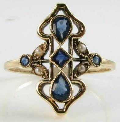 LONG 9CT 9CT GOLD Sri Lankan BLUE SAPPHIRE & PEARL ART DECO INS RING FREE RESIZE - Image 1 of 4