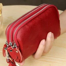 3-Layer Zipper Purse Wallet Genuine Leather Bag Large Wristlet Clutch Phone Coin