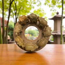 Collectible Vintage Stone Circle of Elephant Figures-Soapstone-Handmade