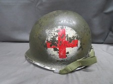 WWII US M1 HELMET W/ ORIGINAL PAINTED MEDIC RED CROSS INSIGNIAS-FRONT SEAM SWIVE