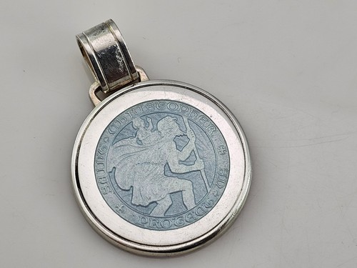 St Christopher Light Blue Enamel 925 Sterling Silver Medal Pendant 36mm