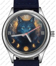 Blue Wolf Gothic Moon Phases #2 Trendy 38mm Face Wrist Watch