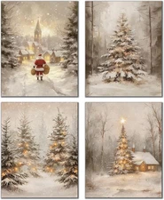 Winter Christmas Wall Art Prints Set of 4, Christmas Home Room Decor, Vintage Wi