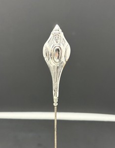 Antique Sterling Silver Hat Pin 9” Art Nouveau Engraved Shield Top Marked