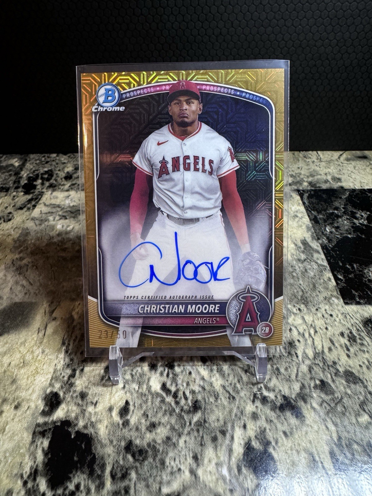 2025 Bowman Chrome Prospects Christian Moore Gold Mojo Auto /50