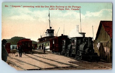 1910 Lake Bays Ontario Canada Postcard Steamer Iroquois One Mile Railway Portage
