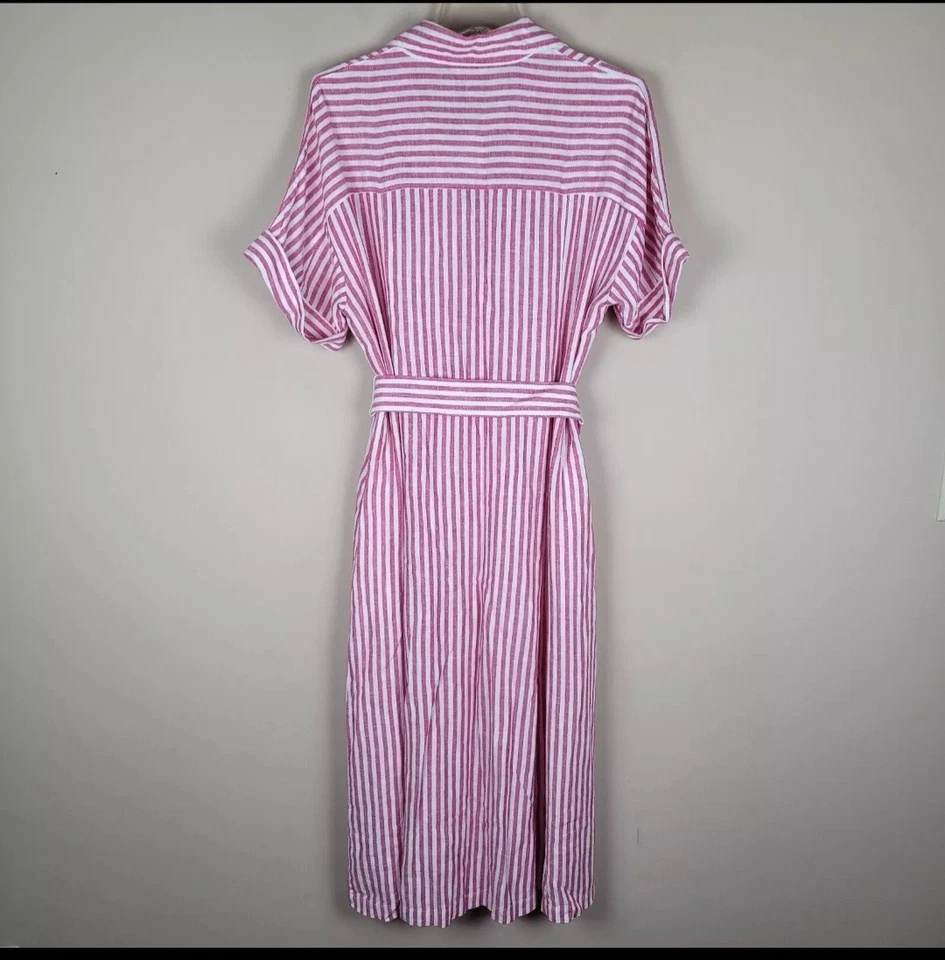 Vestido Camisa Midi Banana Republic Talla L NUEVO Mezcla de Lino a Rayas Manga Corta Rojo Foto 3 de 4