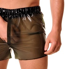 Black Transparent Latex Gummi Panties Elastic Band Rubber Shorts Front Opening