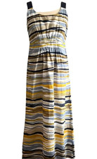 Hobbs Cascade Dress blue brown khaki yellow striped maxi  100% linen Size 10 vgc