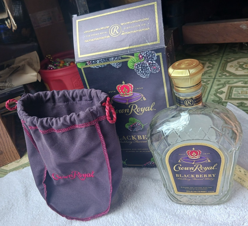 Empty Clear Glass Crown Royal Blackberry 750ML Liquor Bottle Purple Bag Box Set