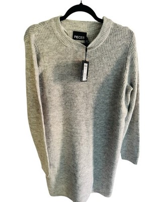 Pieces Gr.L Pulloverkleid weicher Strick Langarm grau melange neu mit Etikett