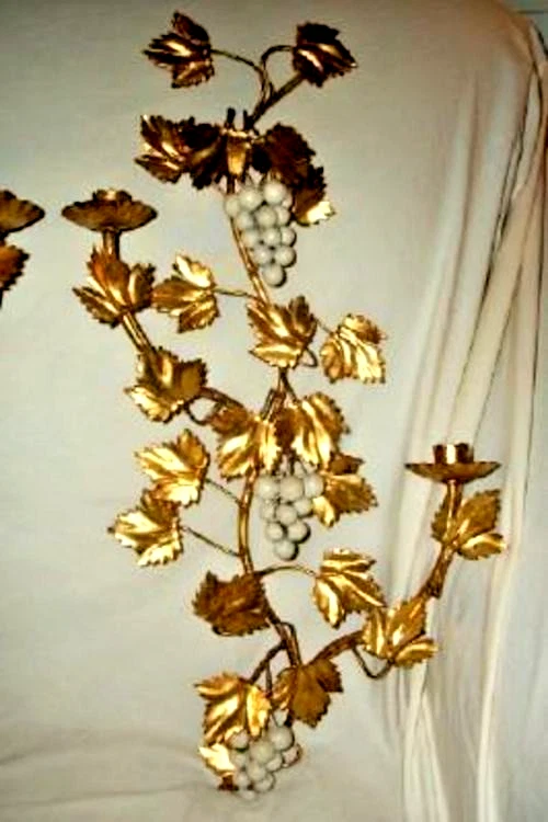 Italian Tole Gilt Sconces White Grapes Long Narrow Pair Stunning French Style - Image 3 of 4