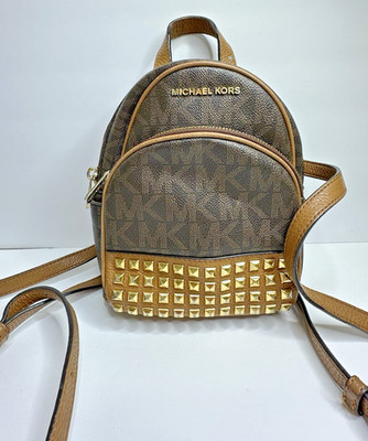 Michael Kors Abbey Mini Studded Signature Backpack Purse Brown Logo Gold