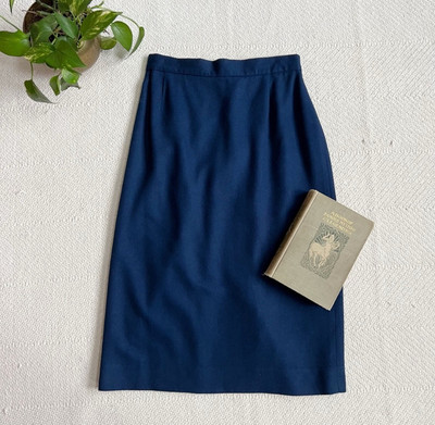 Vintage Navy Blue Wool Shin Length Skirt Academia High Waist