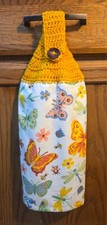 Butterfly Garden Double Hanging Kitchen Towel Handmade Crochet Topper Yellow