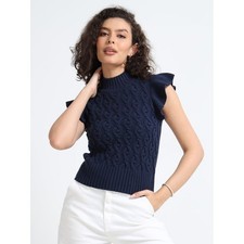 On 34th Cable Knit Sweater Vest Navy Blue Ruffle Sleeve Mock Neck / XL