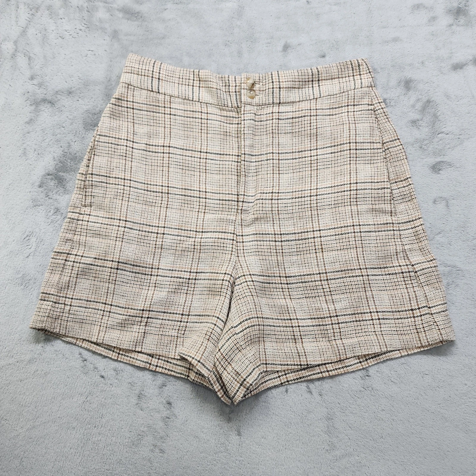 Madewell Shorts Womens 4 Tan Brown Plaid Linen Clean Shorts High Rise Preppy
