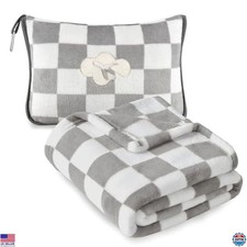 Premium Compact Travel Blanket  Pillow Set - Soft 2-in-1 Airplane Blanket  Bag