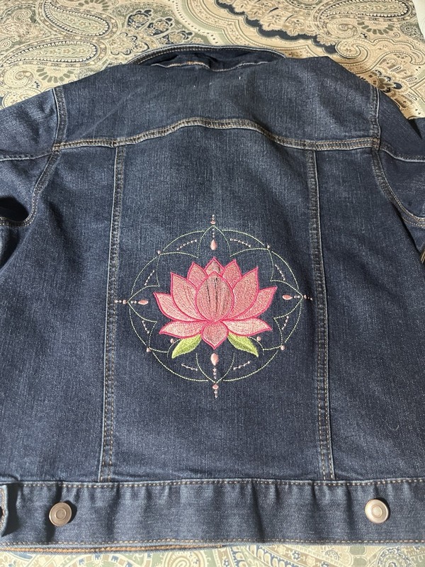 Custom Embroidered Denim Jacket Time & Tru Medium Boho Pink Lotus Mandala Ripple