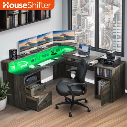 L-Shaped Office Computer Desk Lift-top Tabletop w/ LED Lights & Power Outlets