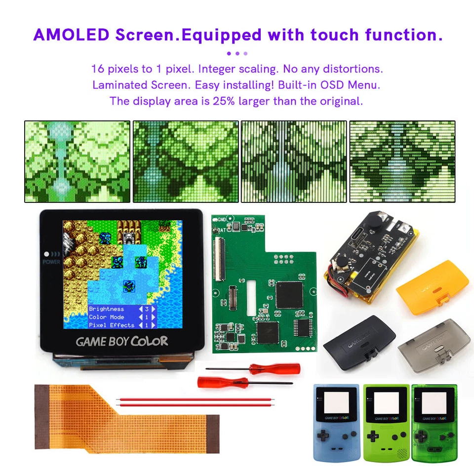 Touch Pre-Laminated OLED Screen Kit+Pre-cut Case W/Rechargeable Battery For GBC - Image 2 of 4