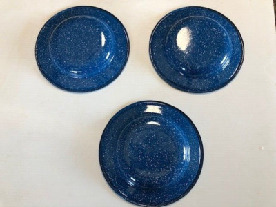 3 Vintage Enamel Graniteware Dish Bowl Plates Blue White Specked