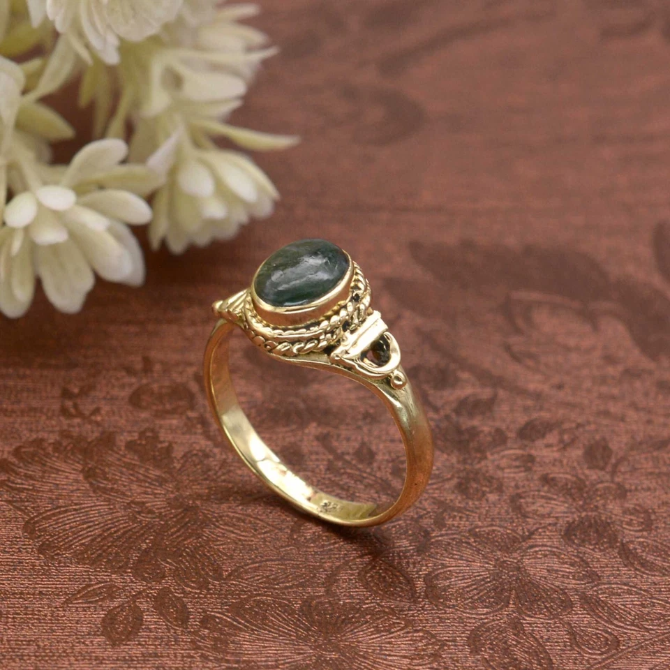 Moss Agate Ring Brass Gold Women Ring Promise Engagement Ring Gift For Mother - Image 3 of 4