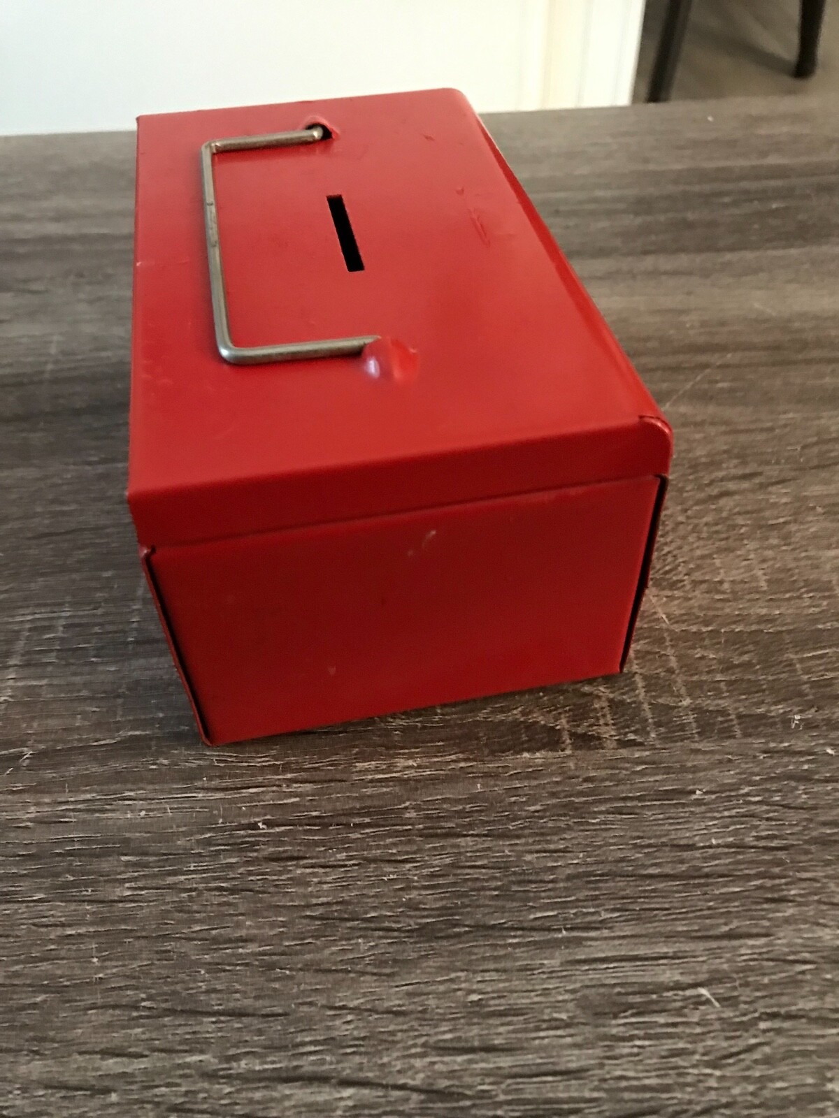 Vtg  Rockaway Metal co.  Coin Bank 5.5x3.5x2.5" No Key But Works Push Button RED