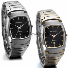 Mens Luxury Tungsten Steel Band Date Square Dial Analog Quartz Dress Wrist Watch