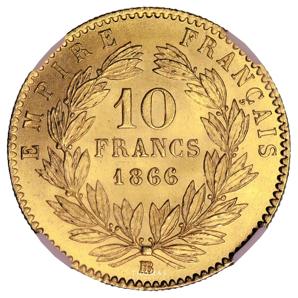 França Napoleão III 10 francos ouro tête laurée 1866 BB Estrasburgo NGC MS 67 - Imagem 2 de 2