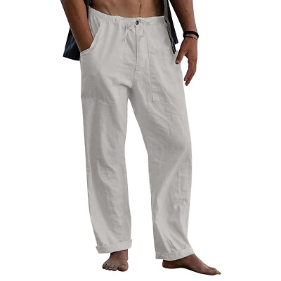 Mens Natural Linen Pants Comfort Quality Soft Solid Color Cotton Linen Trousers*
