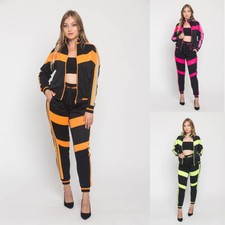 Women's Reflective Neon Stripe Outfits Sweatshirt and Pants Tracksuit Set VL213