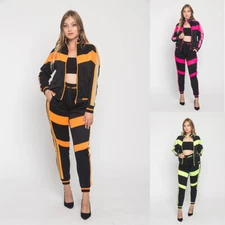 Women's Reflective Neon Stripe Outfits Sweatshirt and Pants Tracksuit  Set VL213